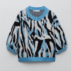 NWOT Zara Animal Jacquard Knit Sweater Blue Size S